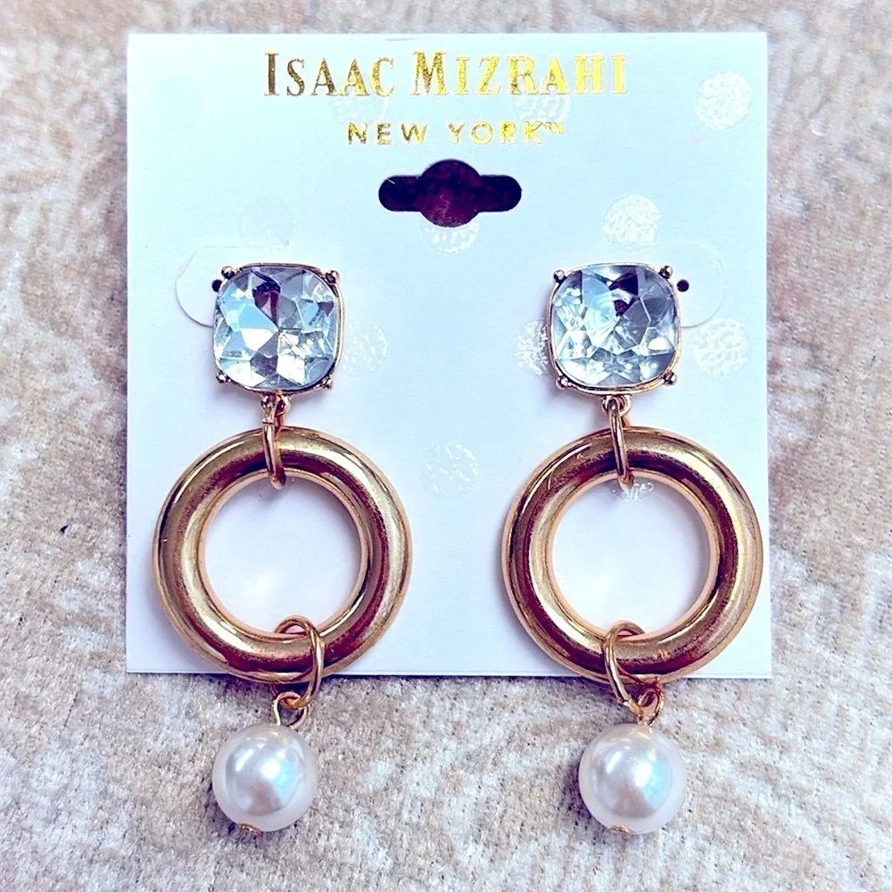Brand New Isaac Mizrahi Large Rhinestone Gold Tone Round Faux Pearl Drop Earring